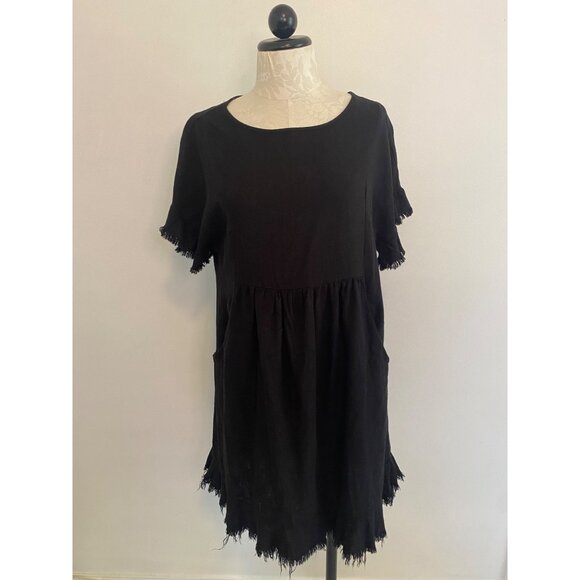 Umgee Black Linen Blend Fringe Hem Short Sleeve Tiered Dress With Pockets Size S - Picture 2 of 7